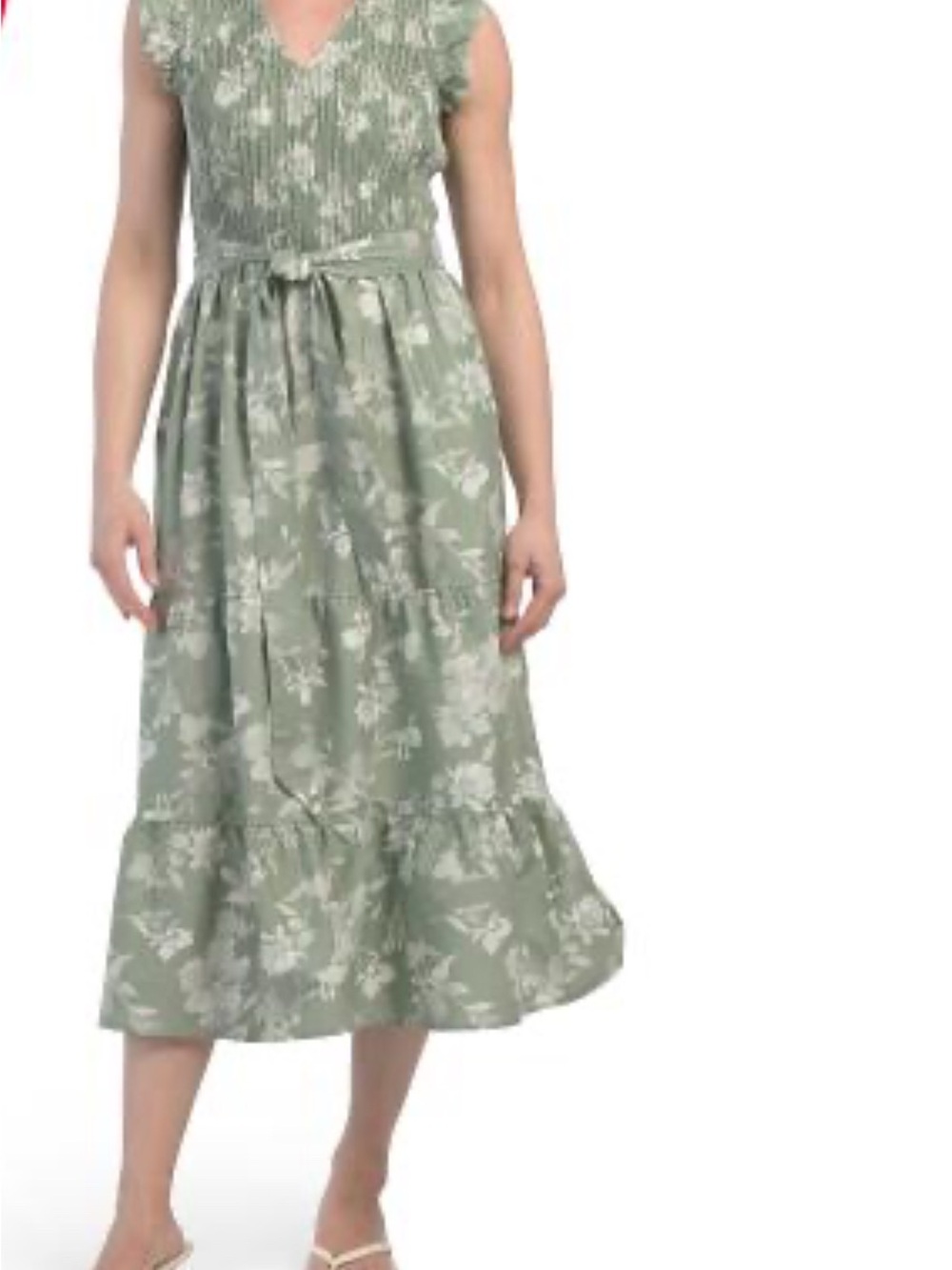 Smocked V-Neck Floral Midi Dress in Sage Green